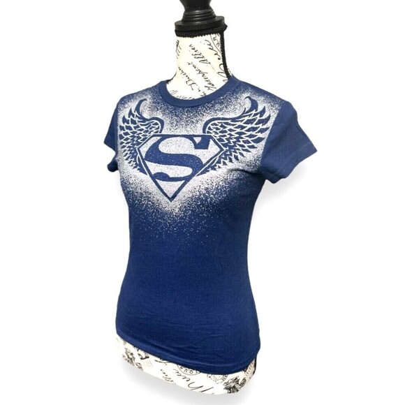 Supergirl S Navy Graphic Tee 100% Cotton Burnout Glitter Y2K DC Comics Hero - Picture 4 of 9